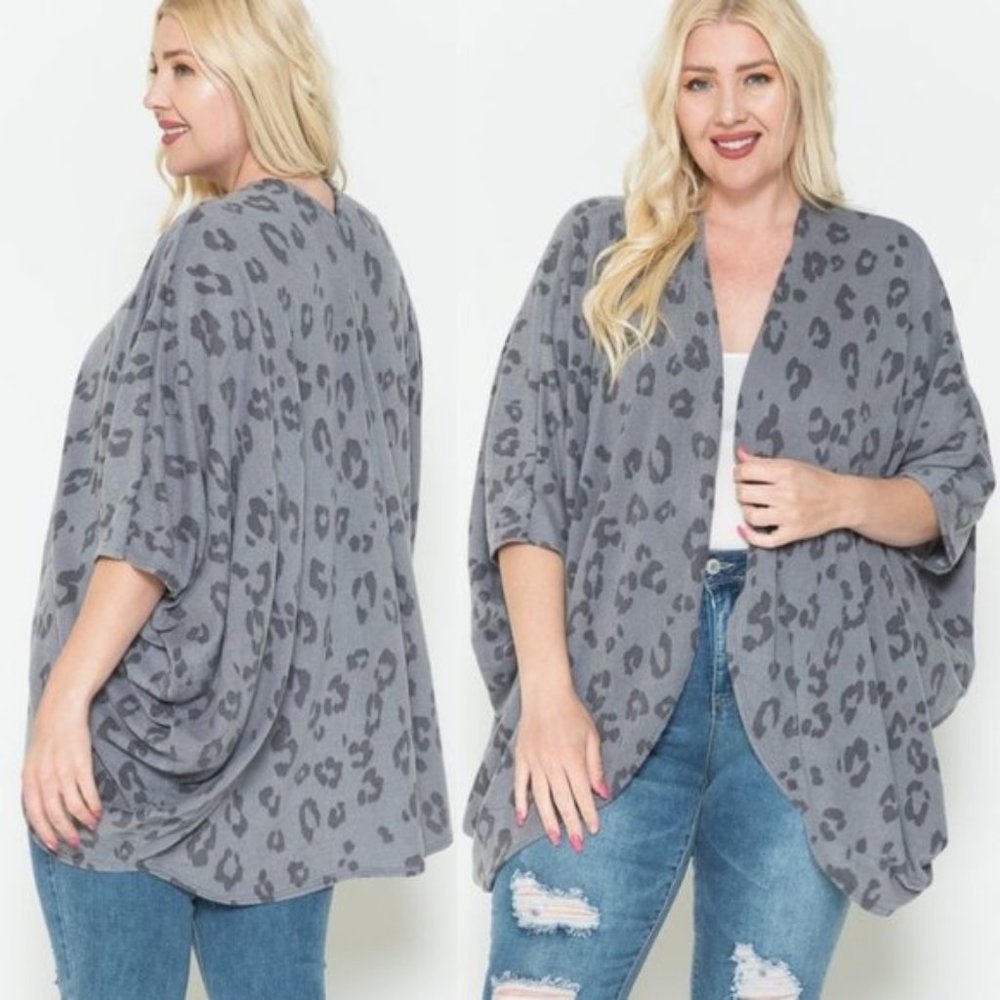 Gray Leopard Print open front Kimono Cardigan